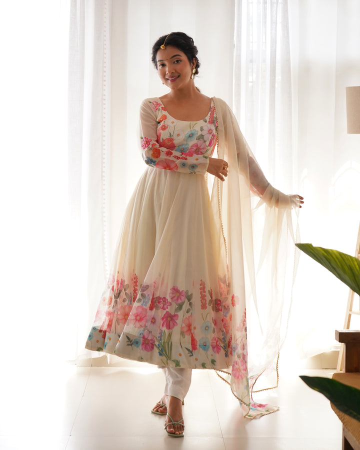 Off-White Organza Floral Printed Flared Anarkali Suit