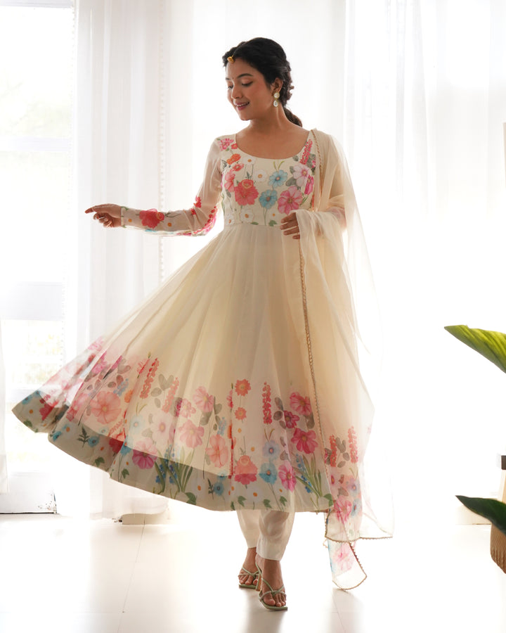 Off-White Organza Floral Printed Flared Anarkali Suit
