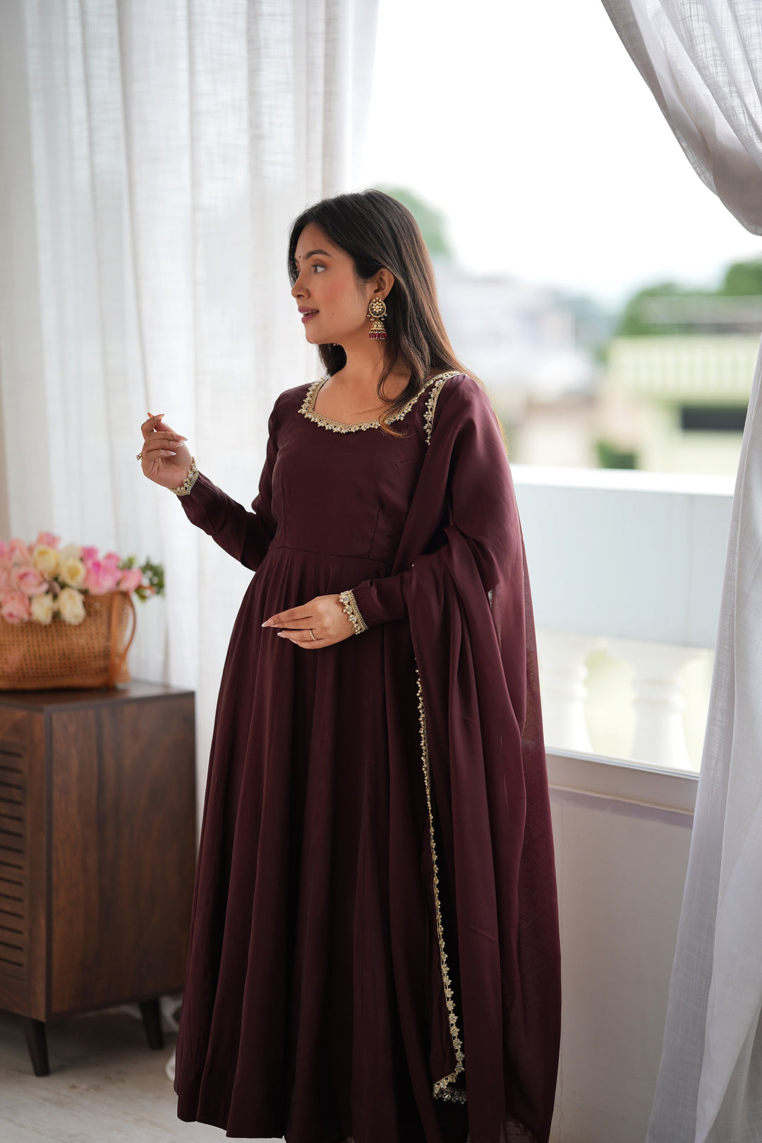 Dark Brown Flared Anarkali Kurta Pant Dupatta Set