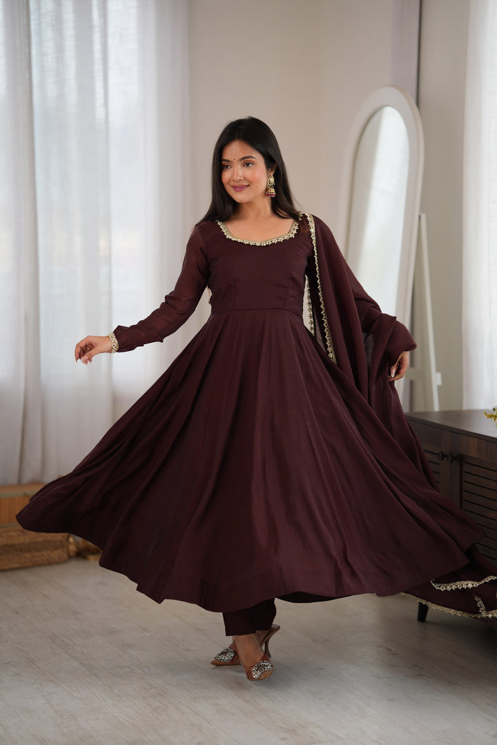 Dark Brown Flared Anarkali Kurta Pant Dupatta Set