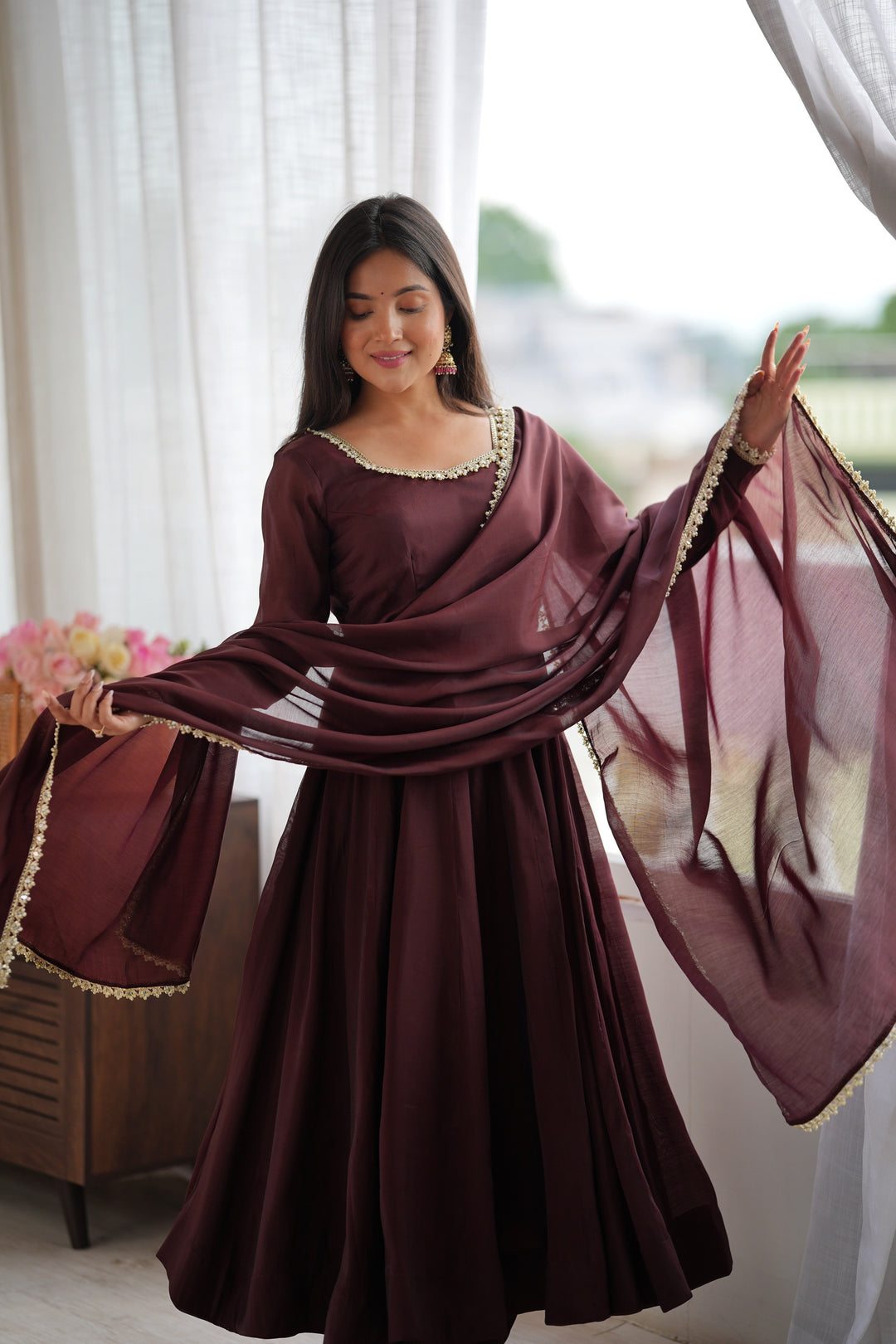 Dark Brown Flared Anarkali Kurta Pant Dupatta Set