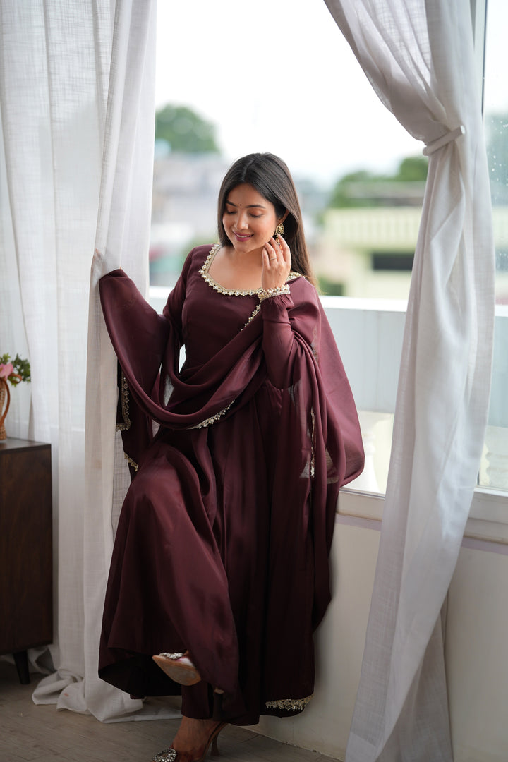 Dark Brown Flared Anarkali Kurta Pant Dupatta Set