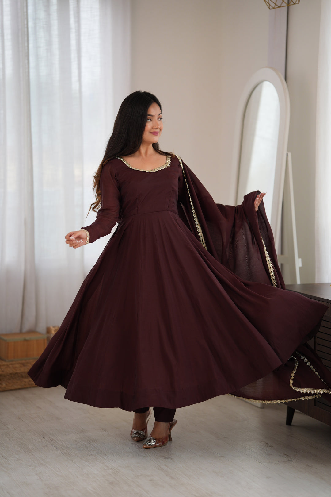 Dark Brown Flared Anarkali Kurta Pant Dupatta Set
