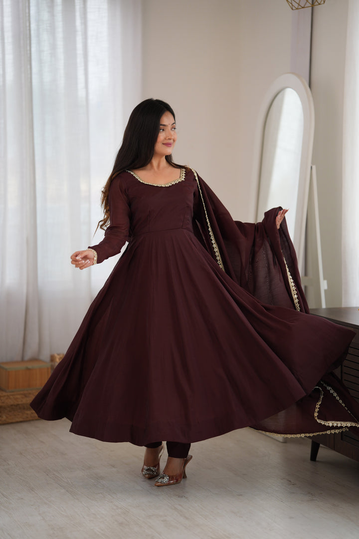 Dark Brown Flared Anarkali Kurta Pant Dupatta Set
