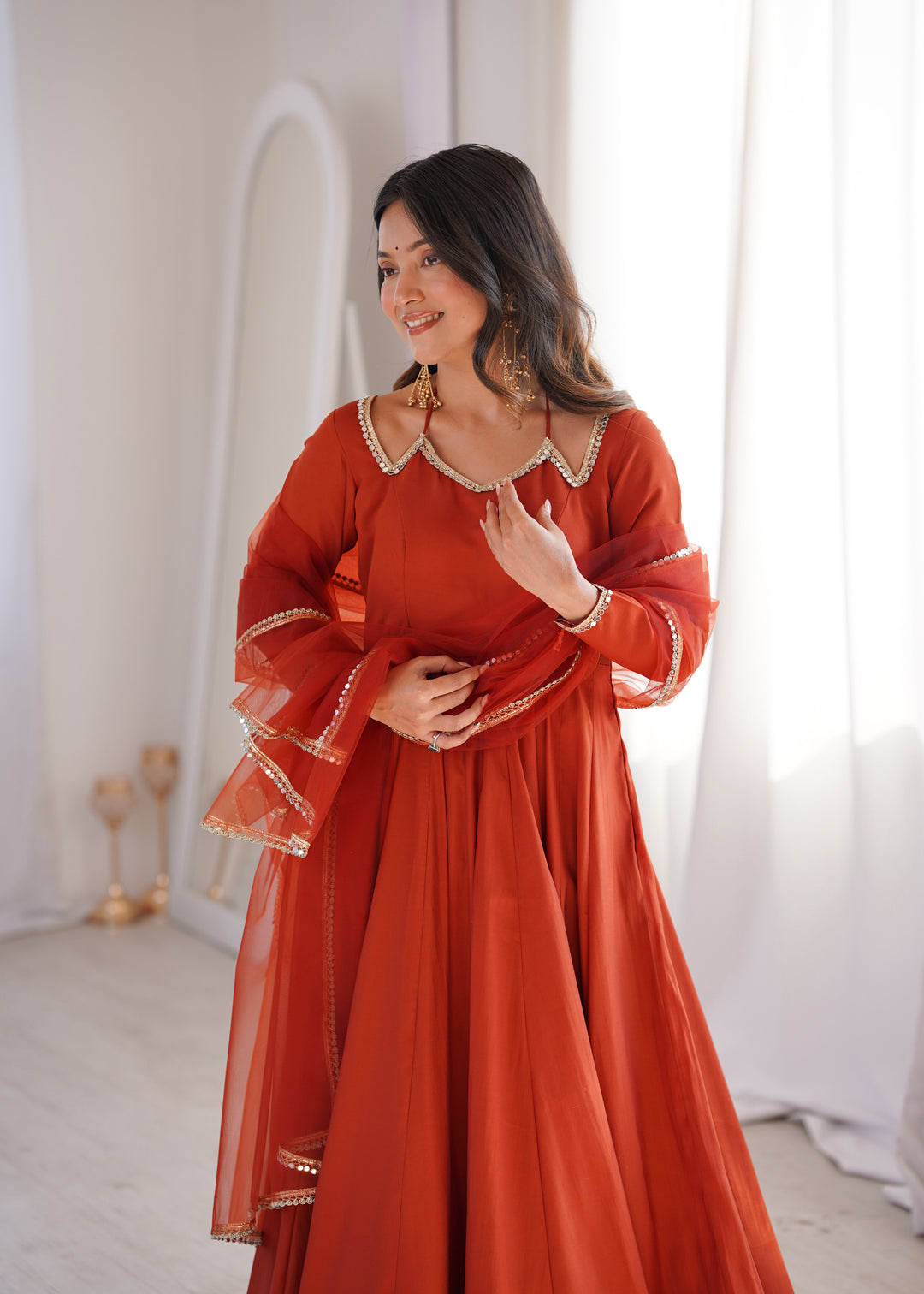 Designer Rust Orange Halter Strap Flared Anarkali Suit