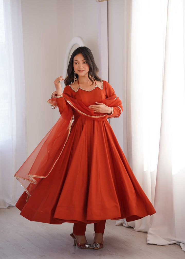 Designer Rust Orange Halter Strap Flared Anarkali Suit