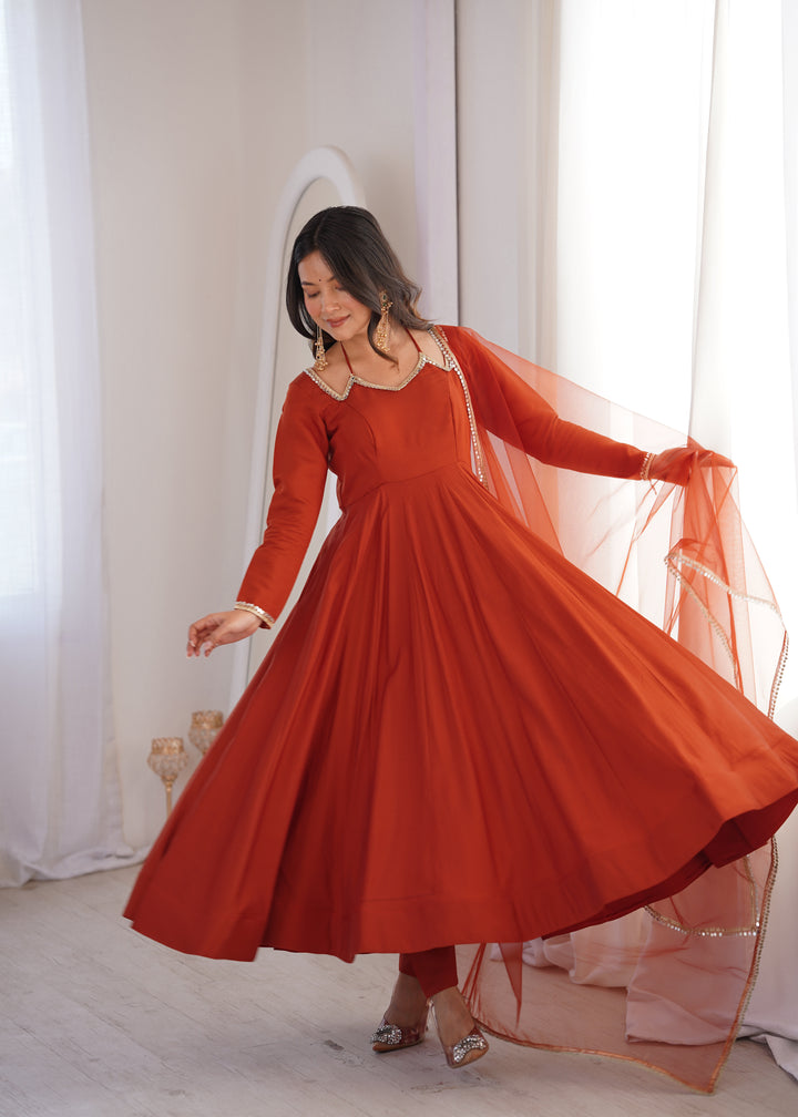 Designer Rust Orange Halter Strap Flared Anarkali Suit