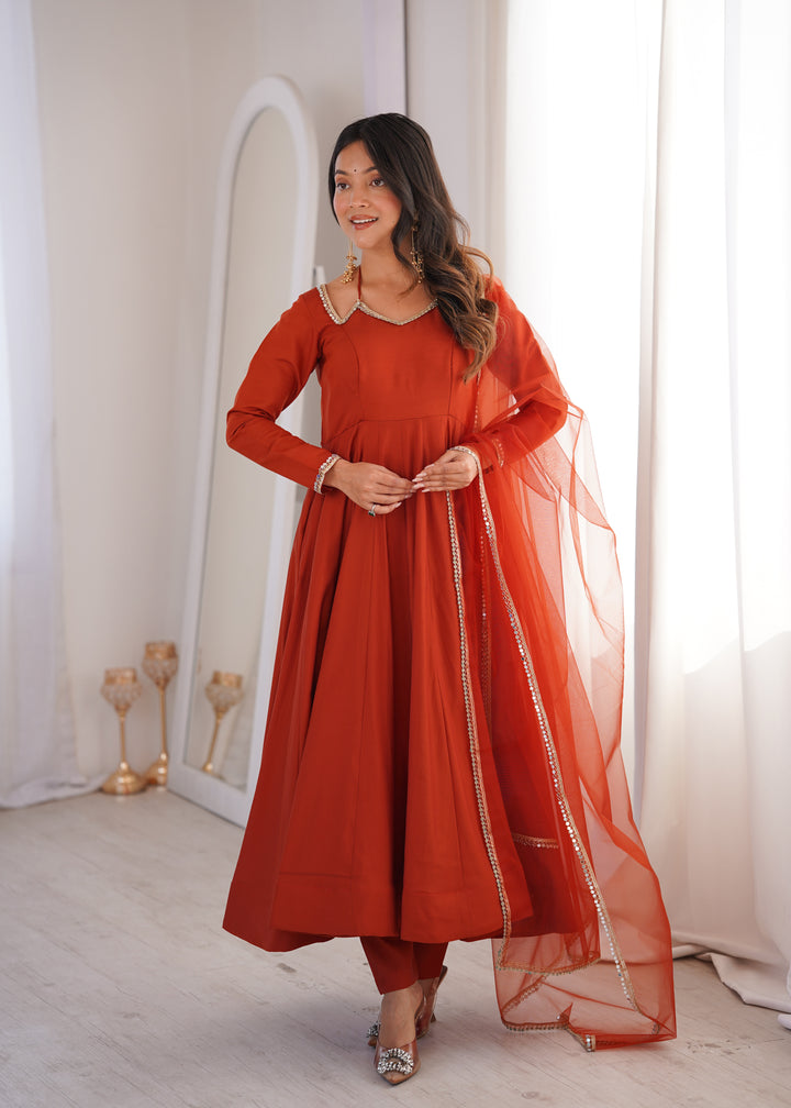 Designer Rust Orange Halter Strap Flared Anarkali Suit