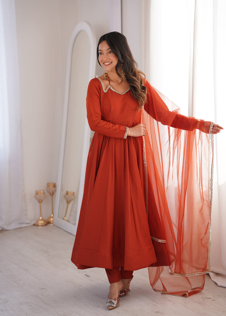 Designer Rust Orange Halter Strap Flared Anarkali Suit