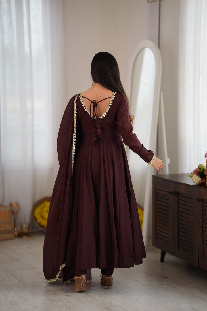 Dark Brown Flared Anarkali Kurta Pant Dupatta Set