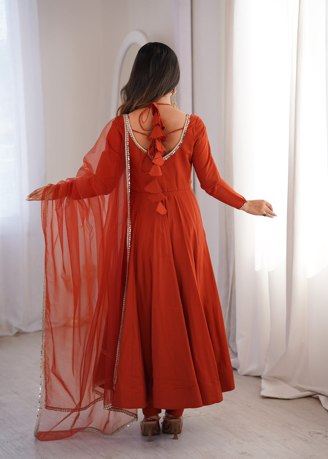 Designer Rust Orange Halter Strap Flared Anarkali Suit