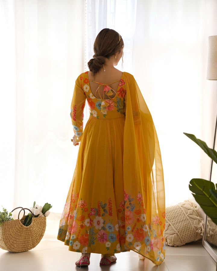 Mustard Organza Floral Printed Flared Anarkali Suit
