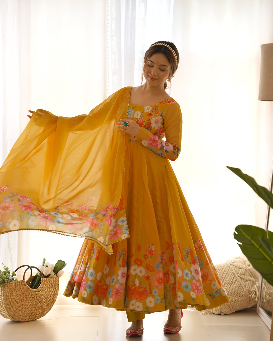 Mustard Organza Floral Printed Flared Anarkali Suit
