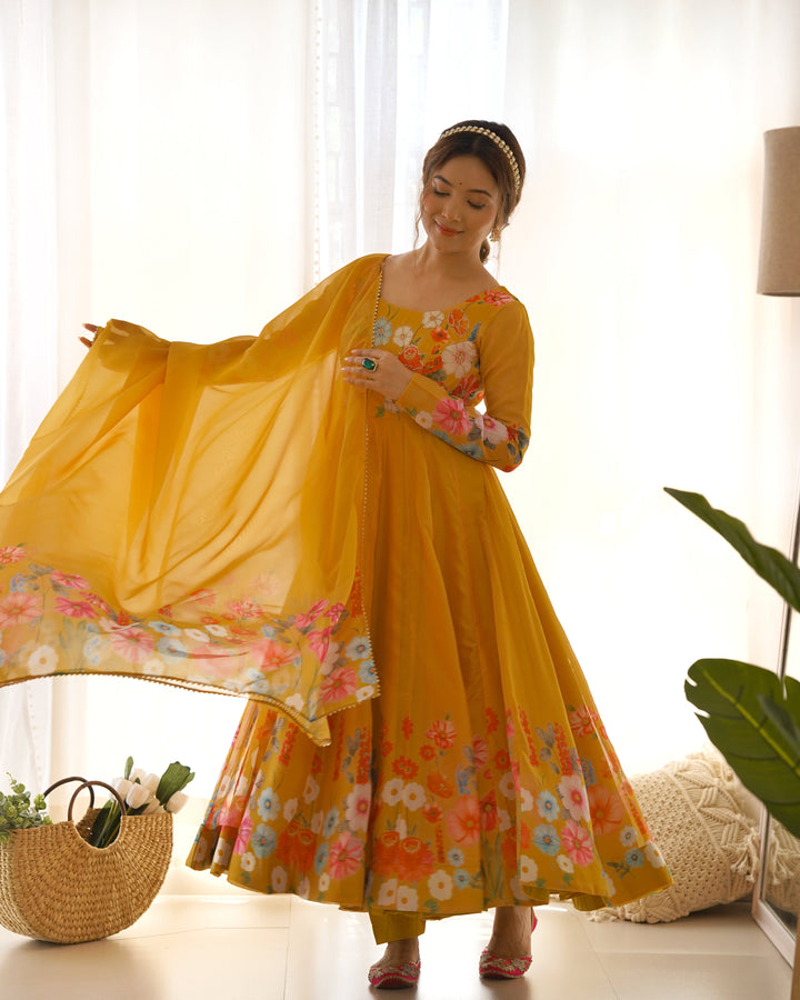 Mustard Organza Floral Printed Flared Anarkali Suit