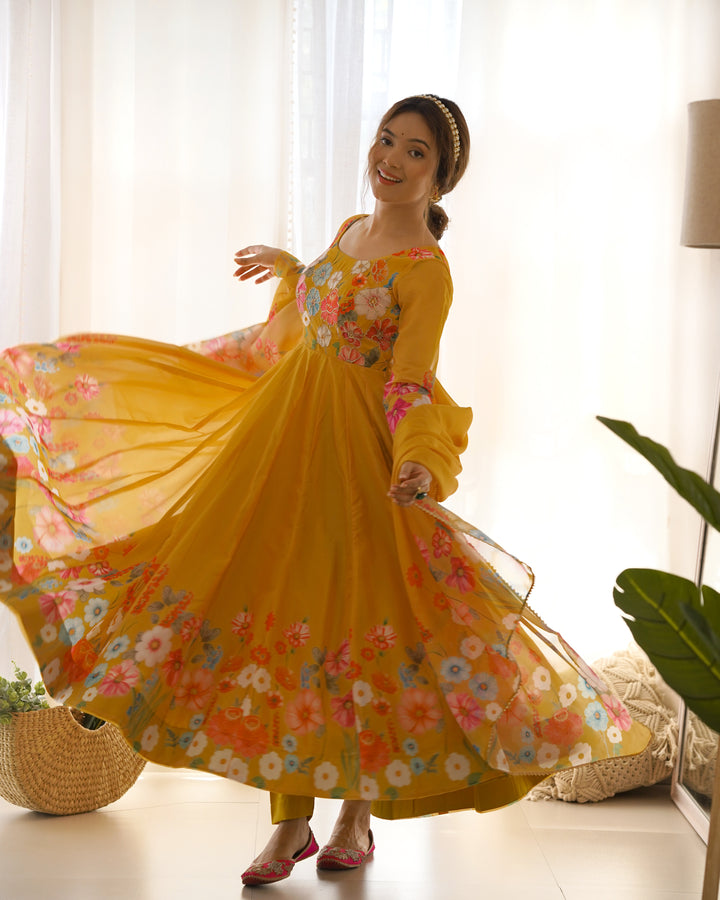 Mustard Organza Floral Printed Flared Anarkali Suit