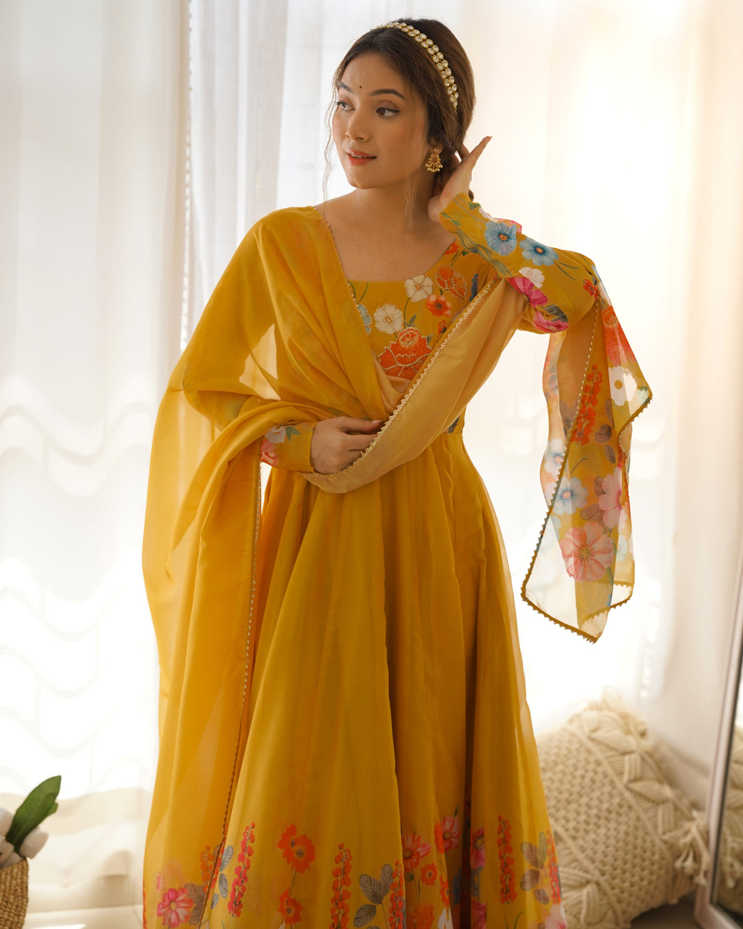 Mustard Organza Floral Printed Flared Anarkali Suit
