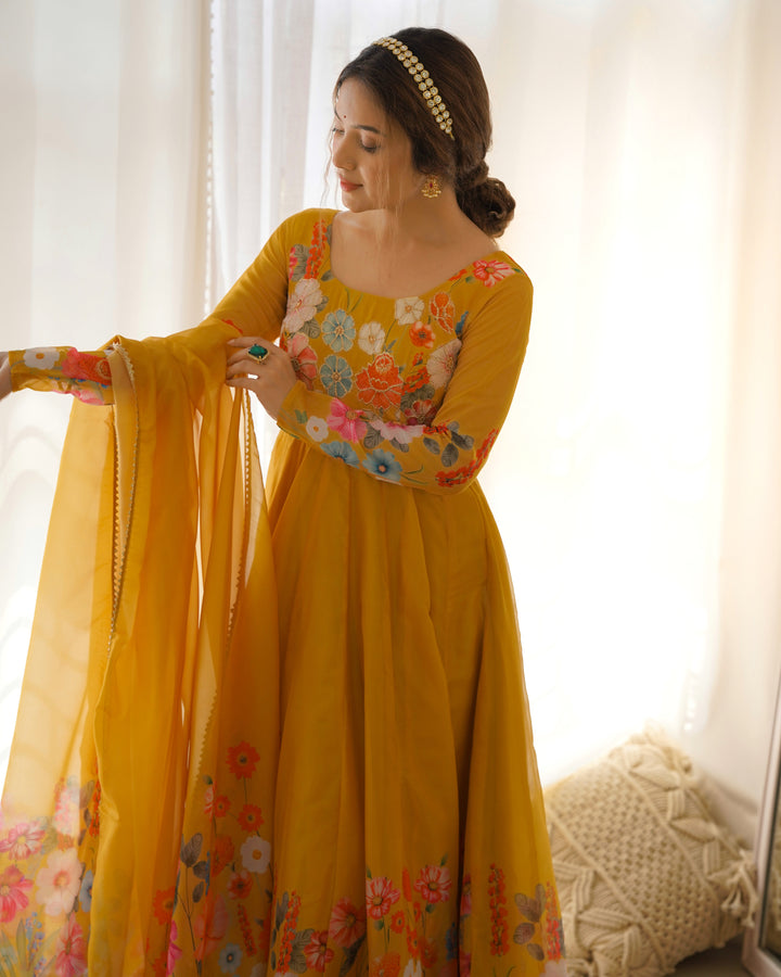 Mustard Organza Floral Printed Flared Anarkali Suit