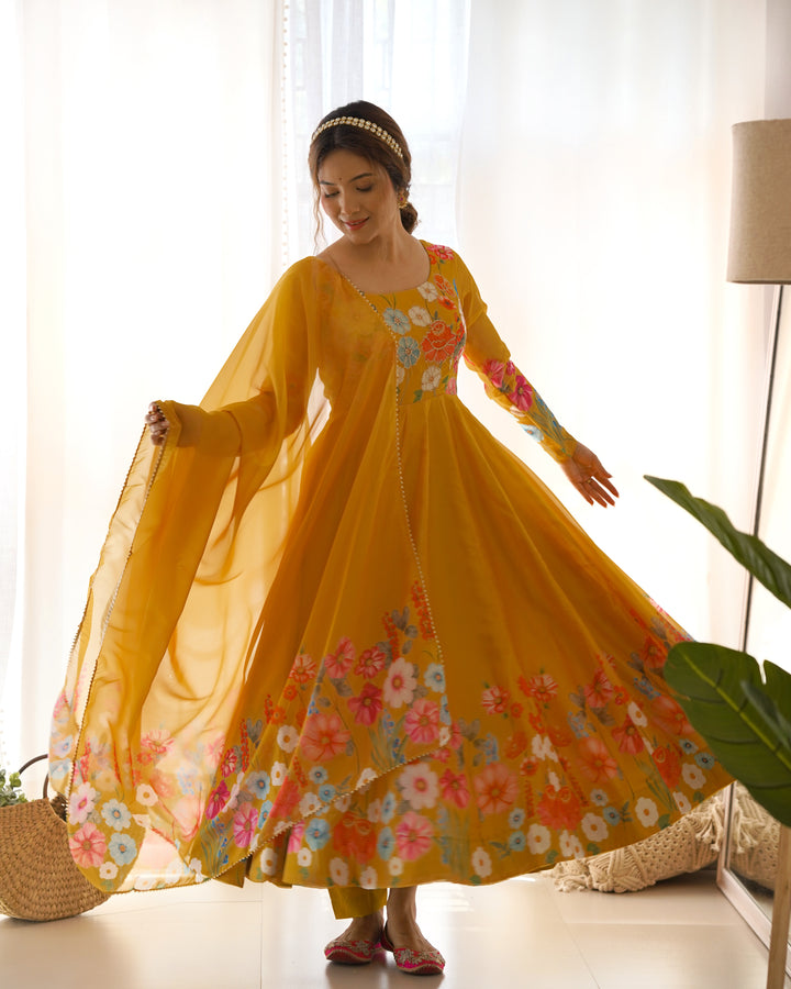 Mustard Organza Floral Printed Flared Anarkali Suit