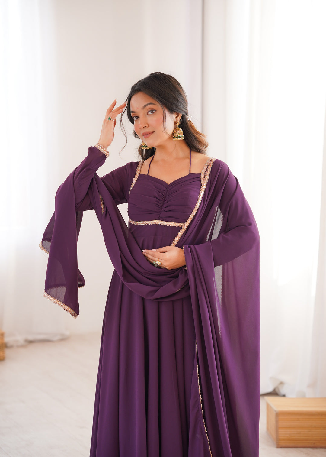 Wine Halter Style Flared Georgette Gown