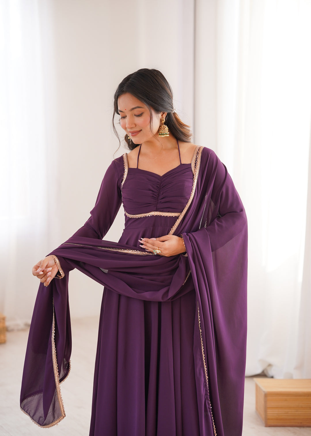 Wine Halter Style Flared Georgette Gown