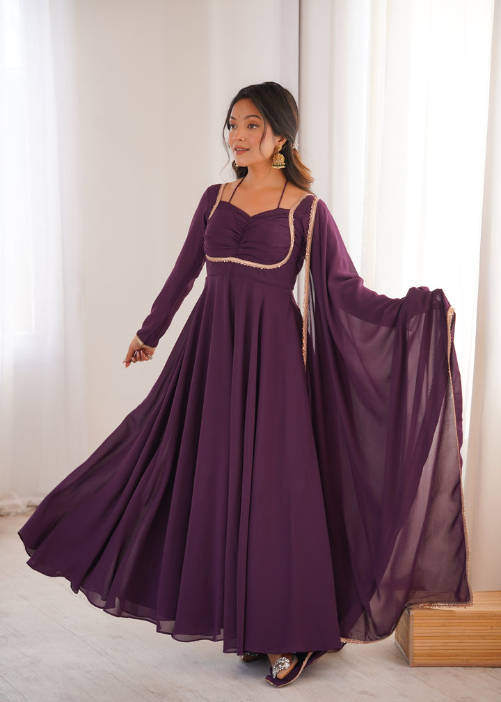 Wine Halter Style Flared Georgette Gown
