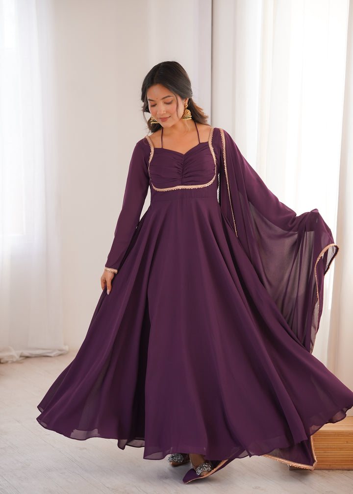 Wine Halter Style Flared Georgette Gown