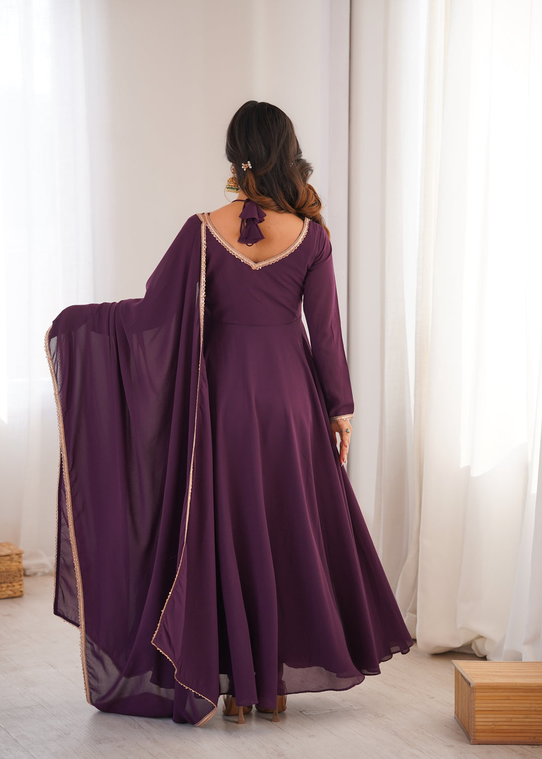 Wine Halter Style Flared Georgette Gown