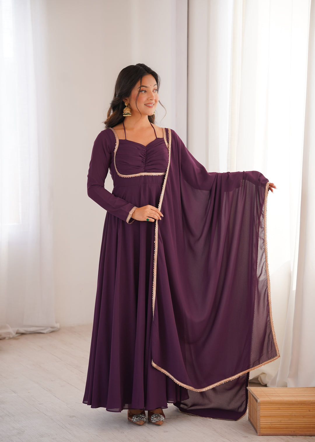 Wine Halter Style Flared Georgette Gown