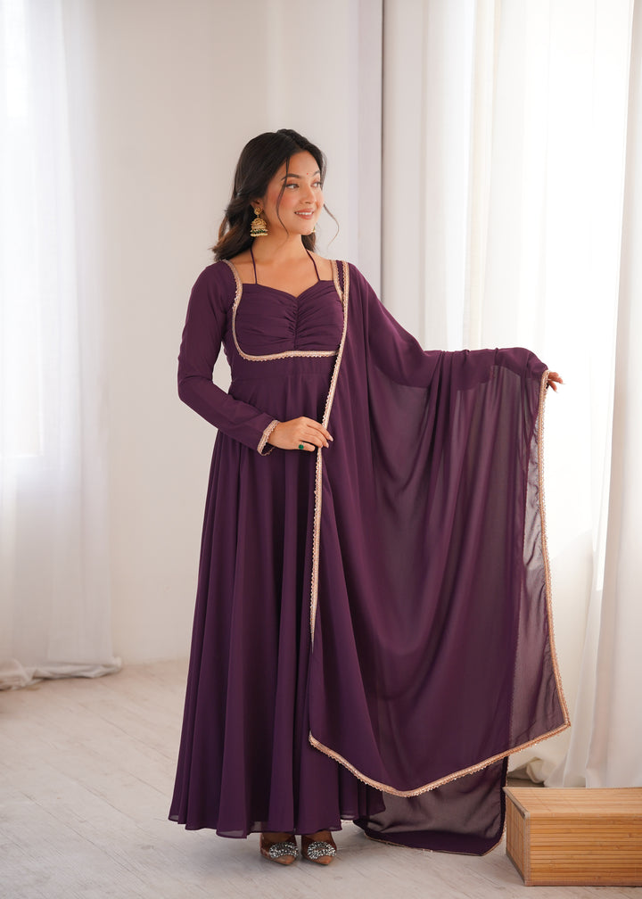 Wine Halter Style Flared Georgette Gown