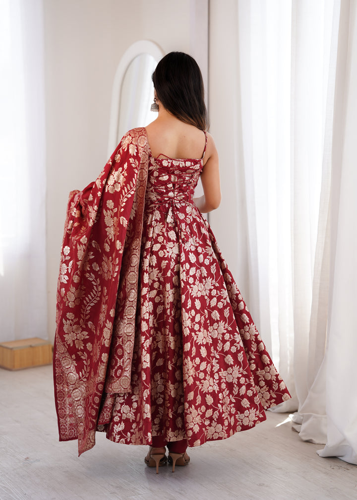 Maroon Banarasi Silk Woven Anarkali Suit