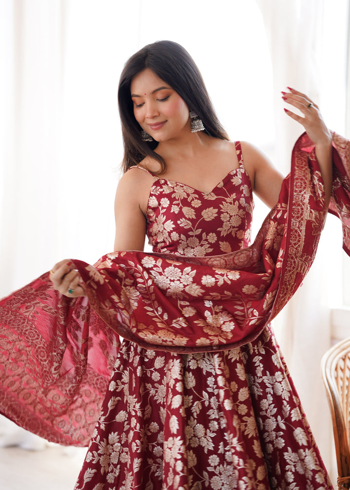 Maroon Banarasi Silk Woven Anarkali Suit