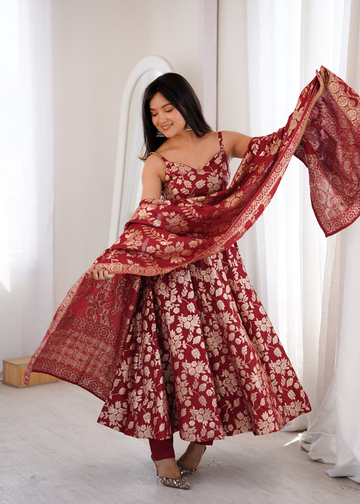 Maroon Banarasi Silk Woven Anarkali Suit