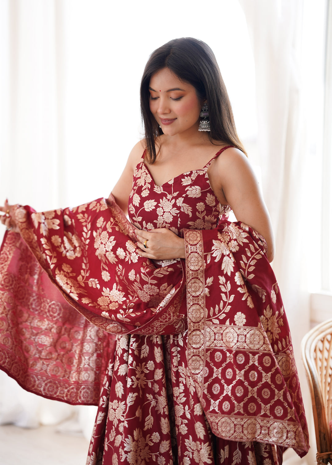 Maroon Banarasi Silk Woven Anarkali Suit