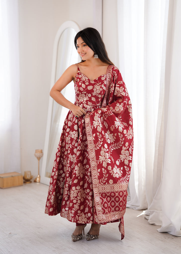 Maroon Banarasi Silk Woven Anarkali Suit