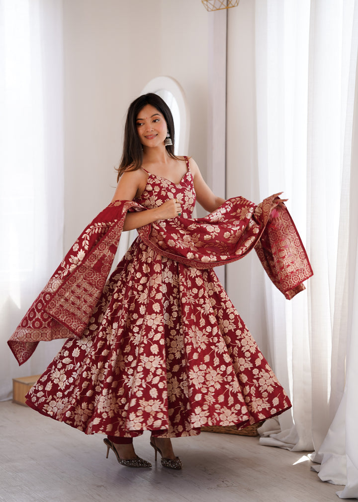 Maroon Banarasi Silk Woven Anarkali Suit