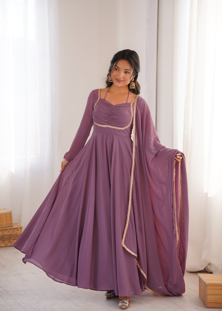 Dusty Mauve Halter Style Flared Georgette Gown
