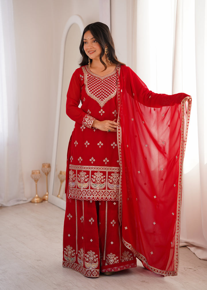 Vibrant Red Heavy Embroidered Pakistani Style Sharara Suit