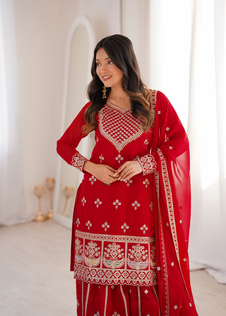 Vibrant Red Heavy Embroidered Pakistani Style Sharara Suit