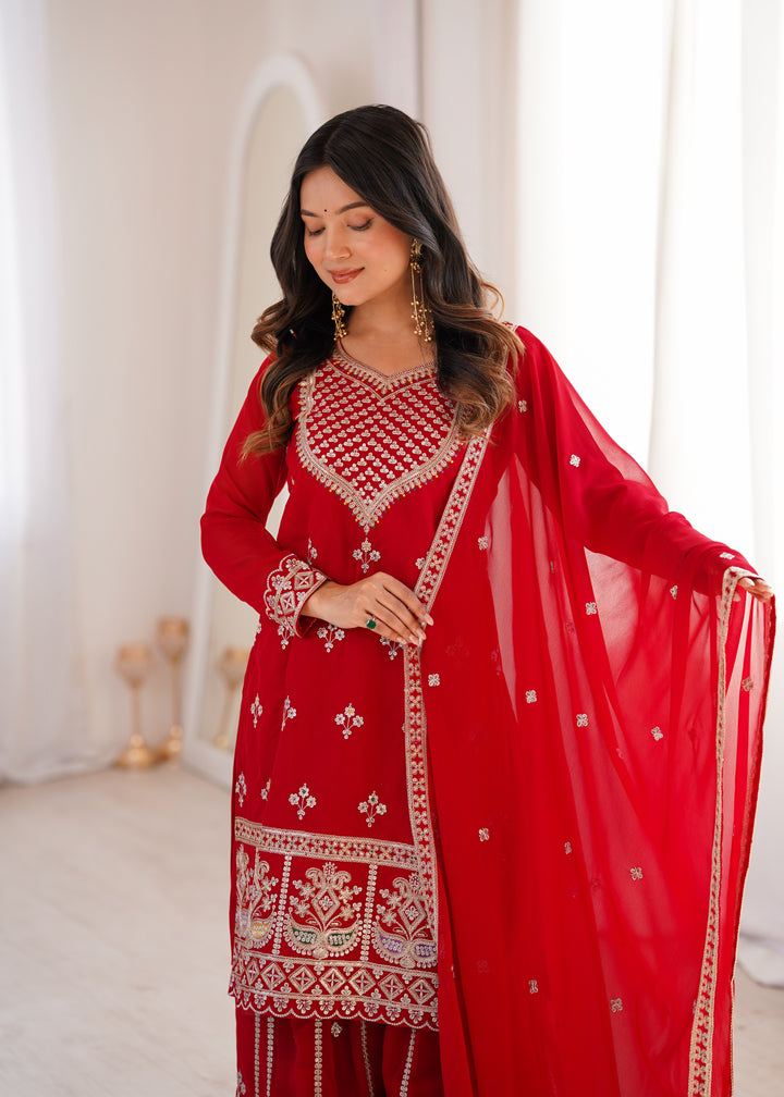 Vibrant Red Heavy Embroidered Pakistani Style Sharara Suit