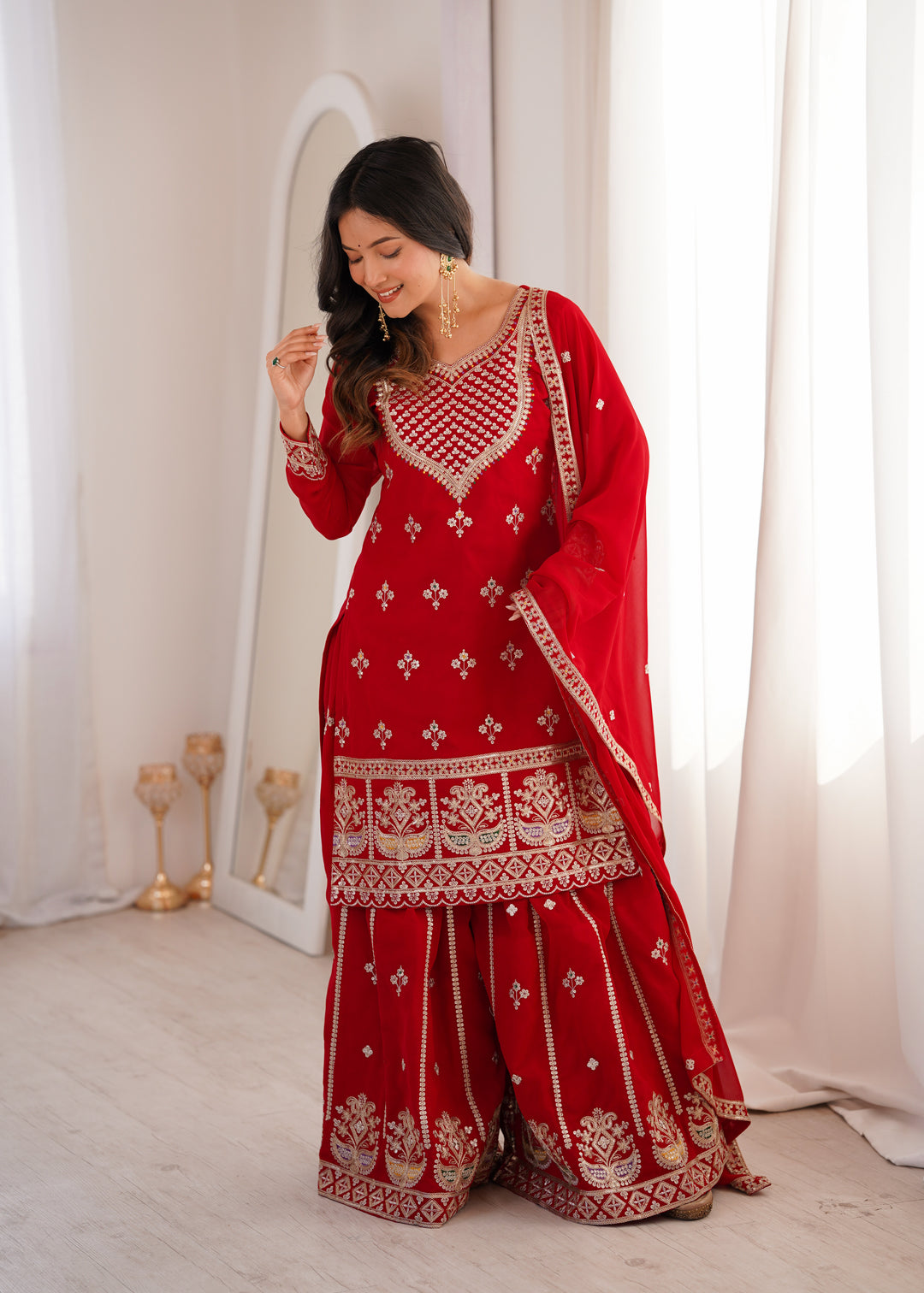 Vibrant Red Heavy Embroidered Pakistani Style Sharara Suit