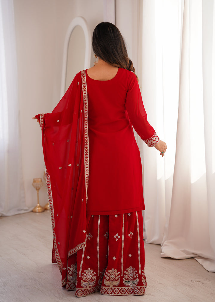 Vibrant Red Heavy Embroidered Pakistani Style Sharara Suit