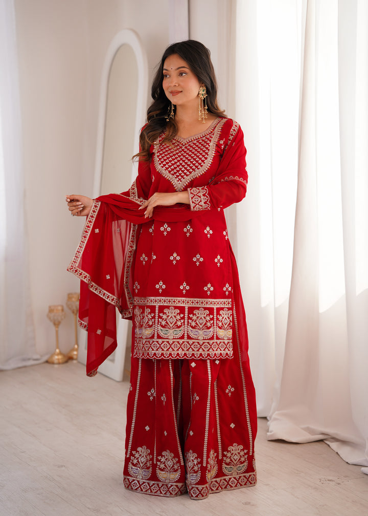 Vibrant Red Heavy Embroidered Pakistani Style Sharara Suit