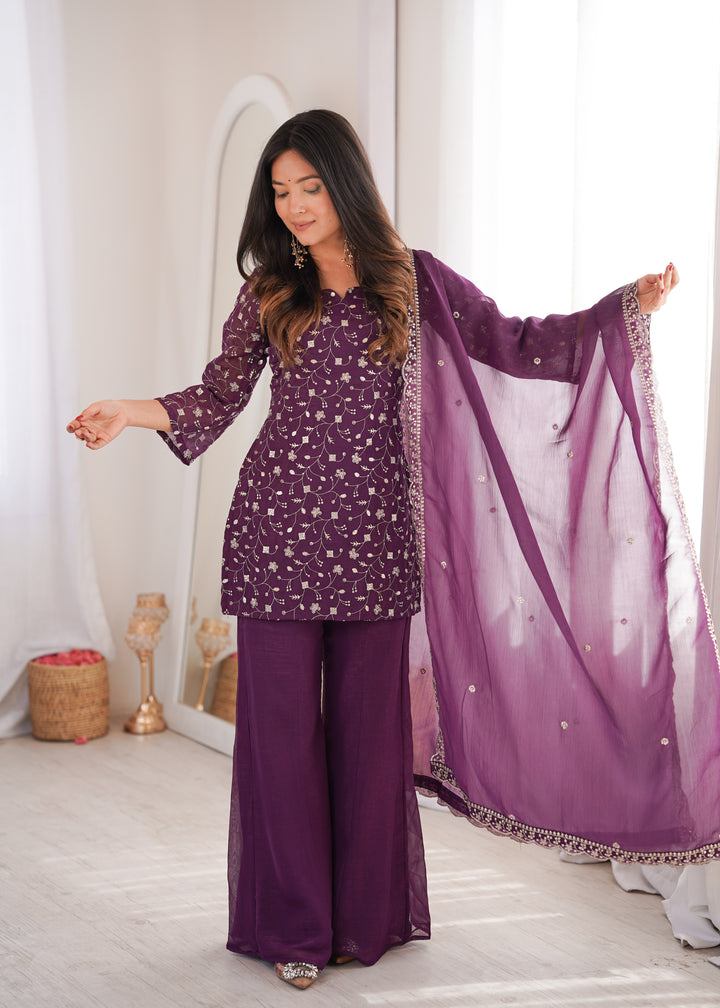 Wine Embroidered Pakistani Style Sharara Suit