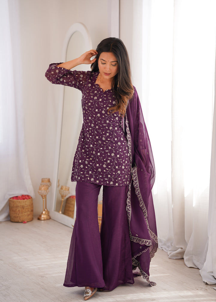 Wine Embroidered Pakistani Style Sharara Suit