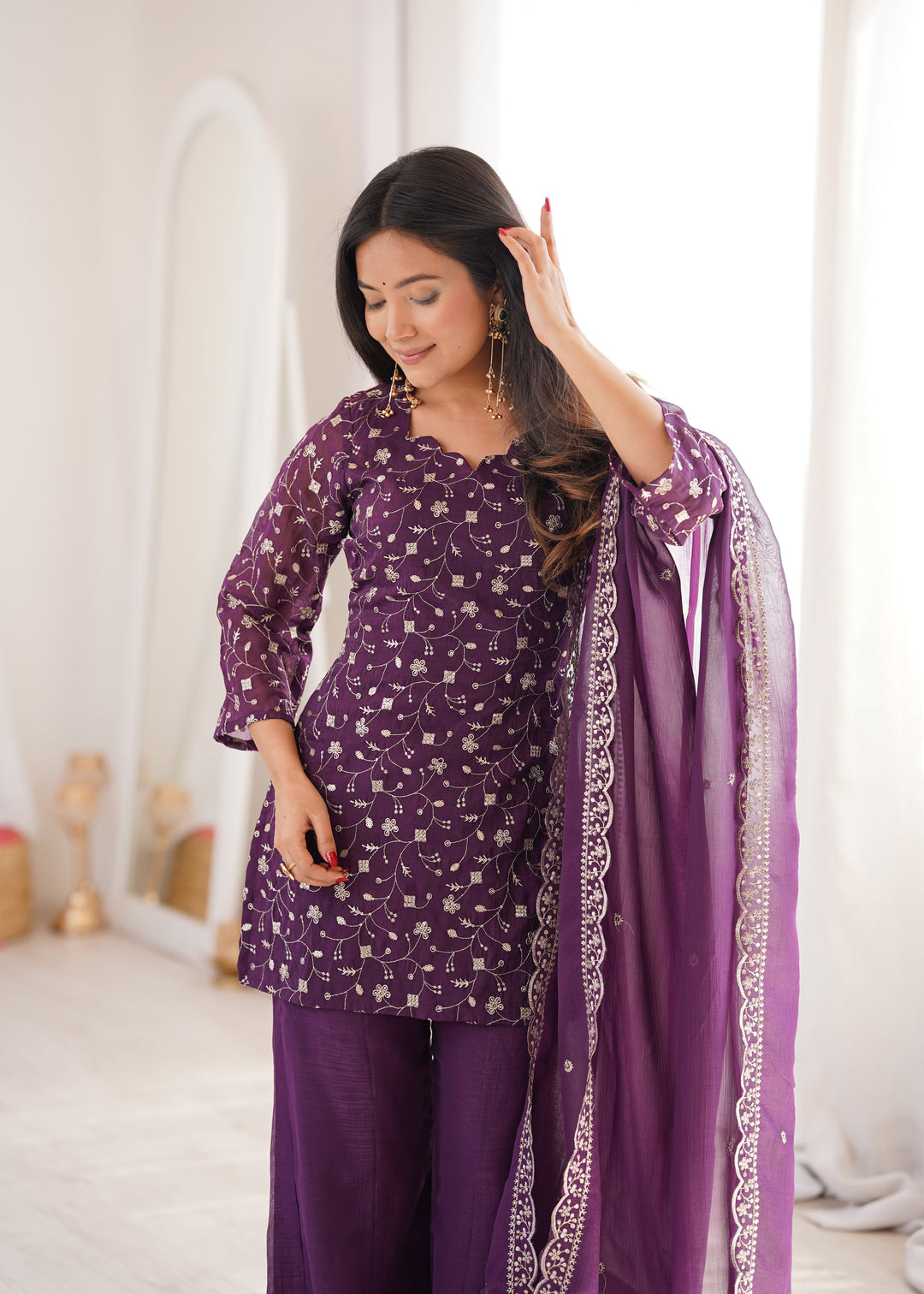 Wine Embroidered Pakistani Style Sharara Suit