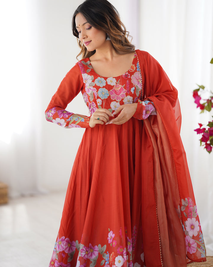 Rust Orange Organza Floral Printed Flared Anarkali Suit