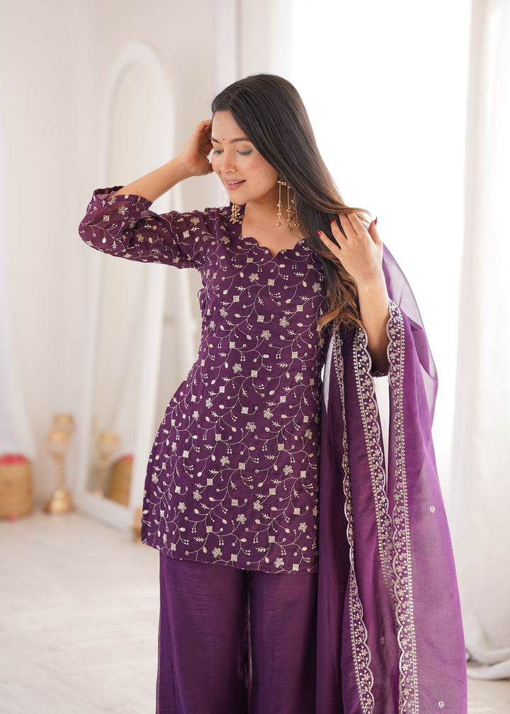 Wine Embroidered Pakistani Style Sharara Suit