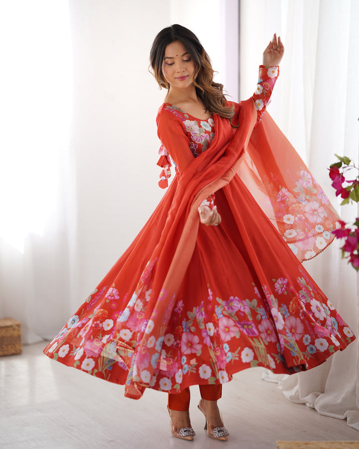 Rust Orange Organza Floral Printed Flared Anarkali Suit
