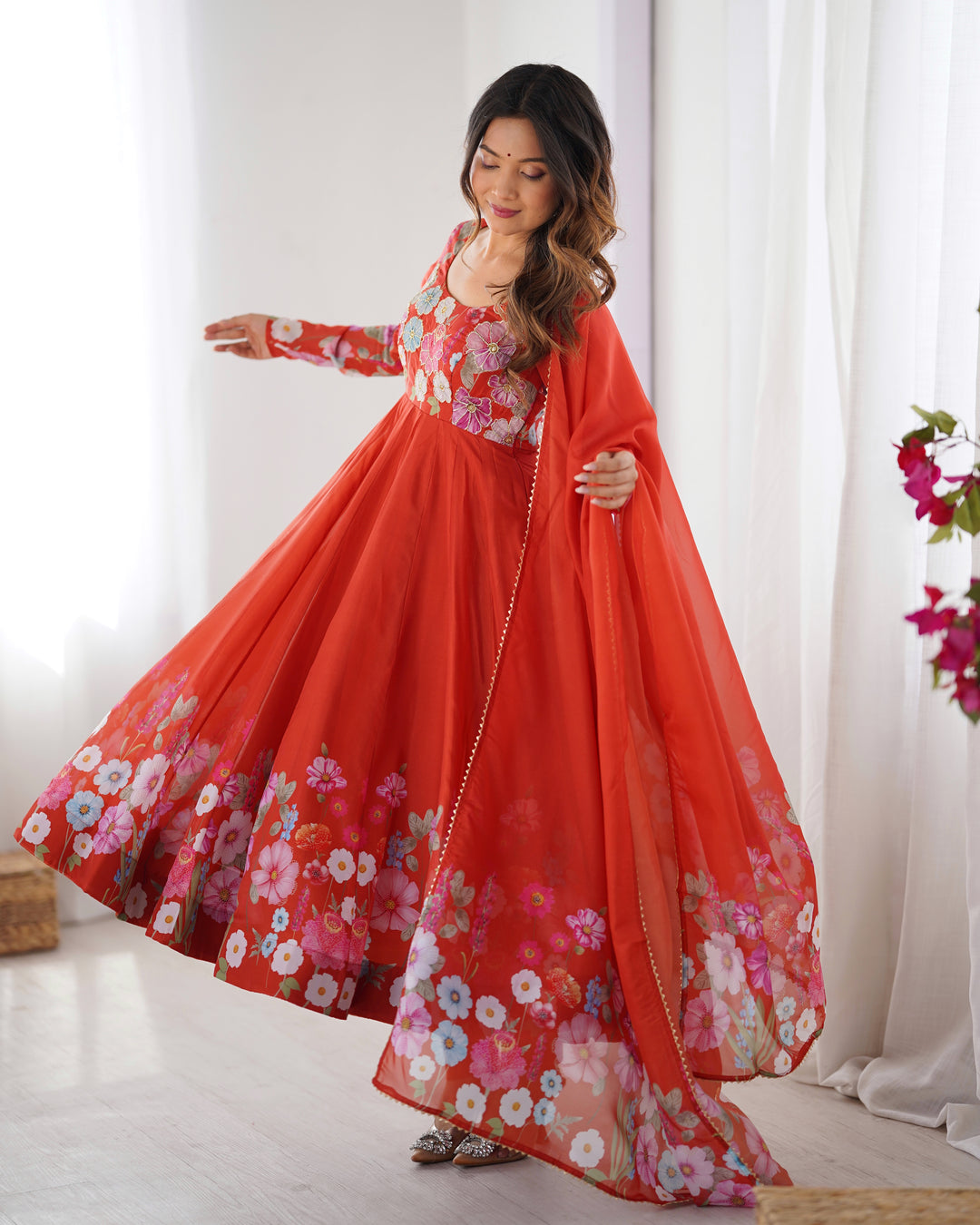Rust Orange Organza Floral Printed Flared Anarkali Suit