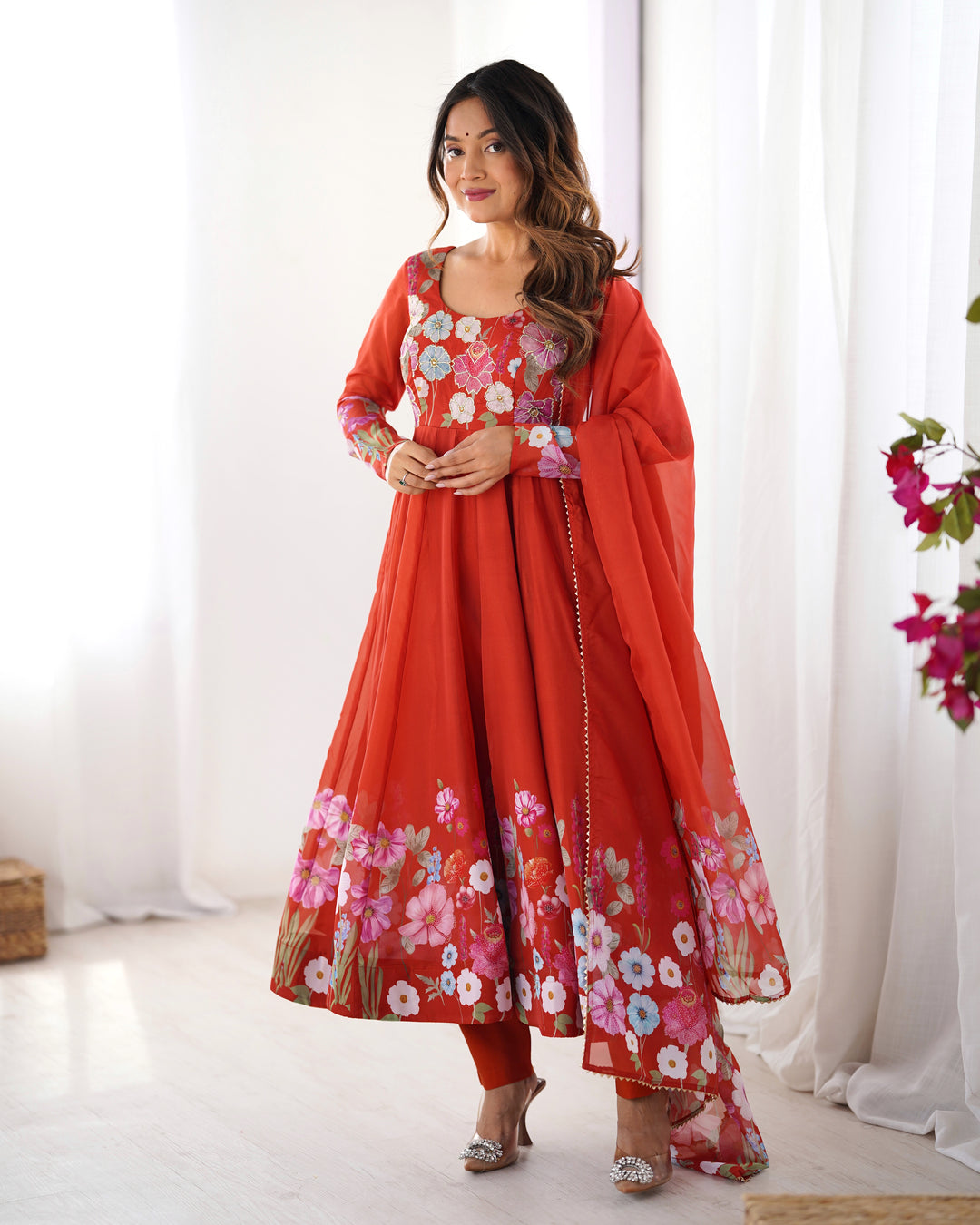 Rust Orange Organza Floral Printed Flared Anarkali Suit